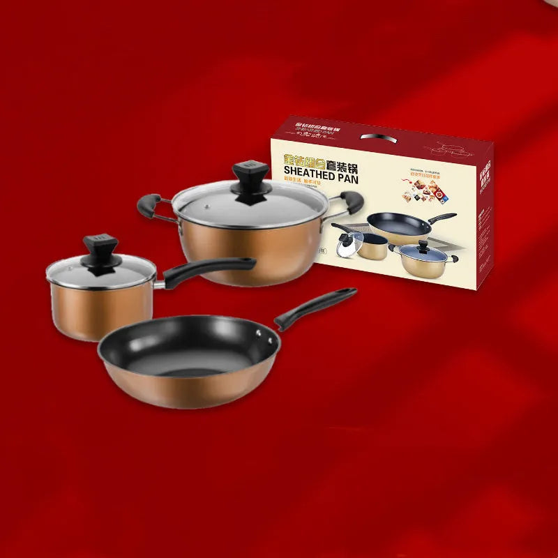 Three-piece cast iron cookware set showing a soup pot, milk pot, and wok with light luxury finish.