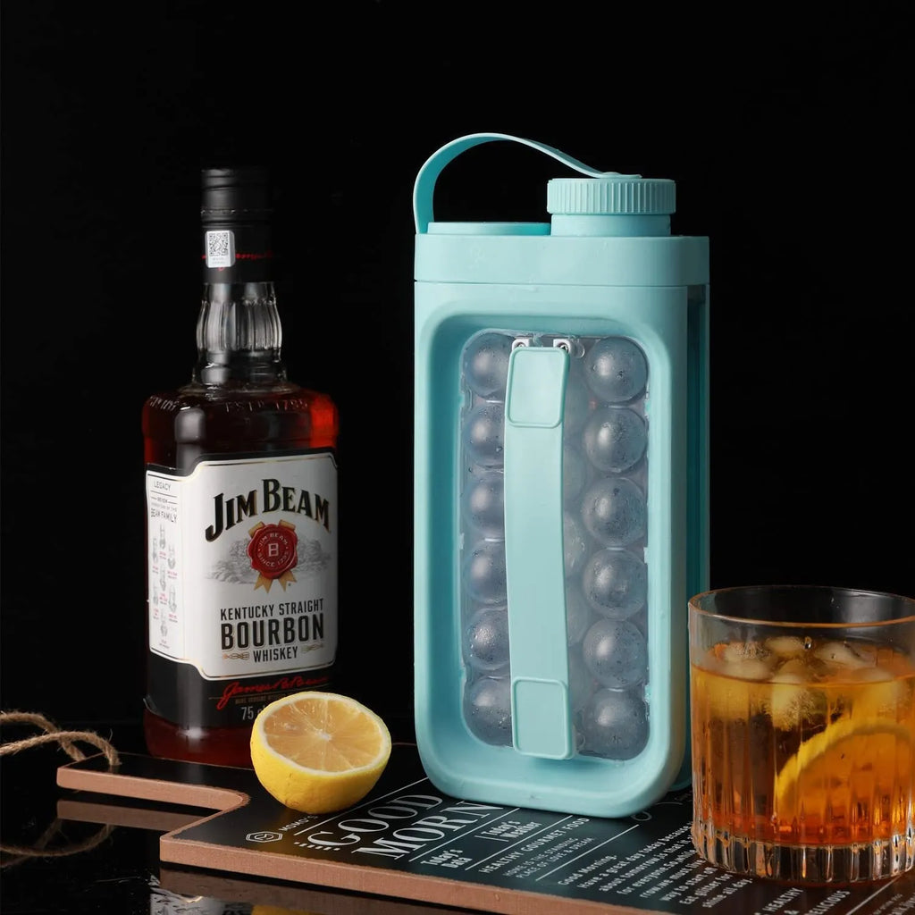 Light blue and white portable ice ball kettle with 17 spherical moulds and bottle function