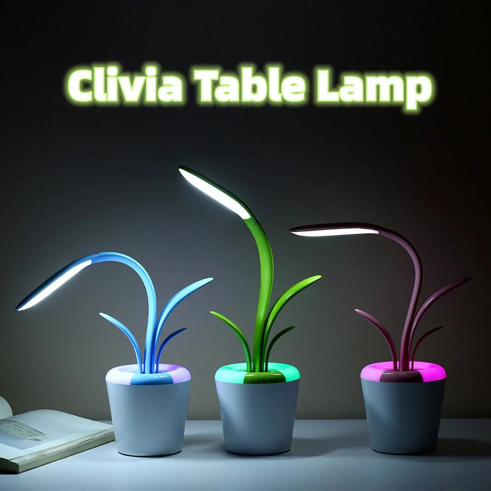 Rechargeable USB LED desk lamp with adjustable brightness levels, night light mode, and a stylish plant-inspired design