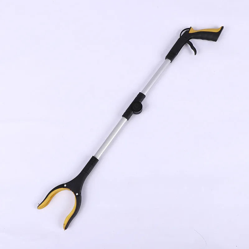 Foldable aluminium rubbish grabber with magnet, shown extended and in blue, orange, and yellow handle colours.