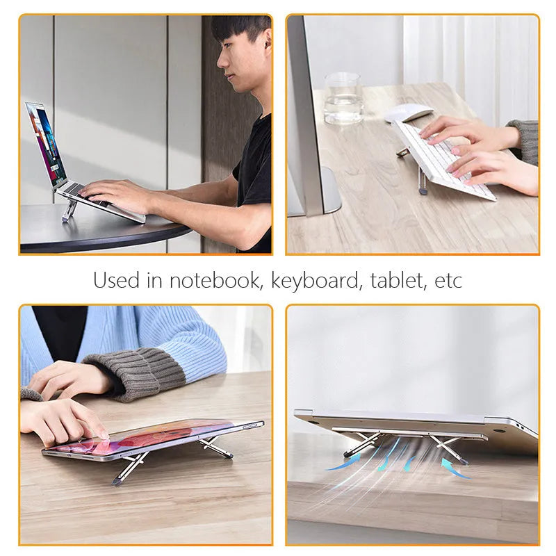 Aluminum alloy laptop cooling stand in dark grey or silver on a desk