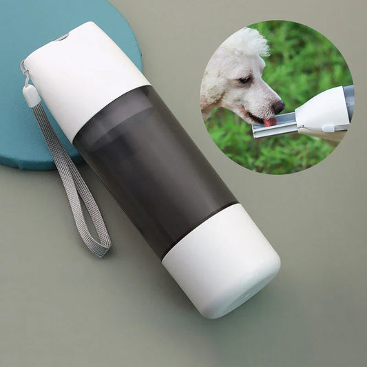 Portable dog water bottle and food bowl combo in white color with push-button water dispenser and separate food compartment