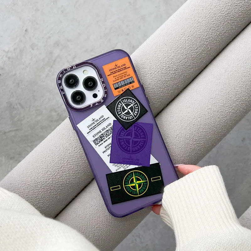 Hard back soft edge phone case with electroplated lens ring Stone Island label for iPhone 13 14 series
