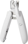 White pet nail clippers with LED light, transparent guard, and nail file on a grey background.