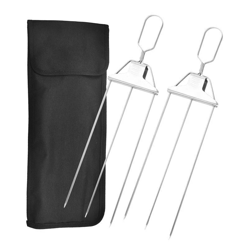 Stainless steel 3-prong BBQ skewer forks for perfect kebabs, non-stick and reusable.