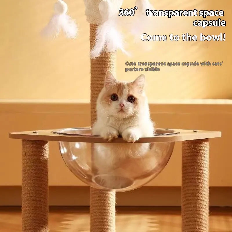 Wooden cat climbing frame with integrated space capsule design in wood colour