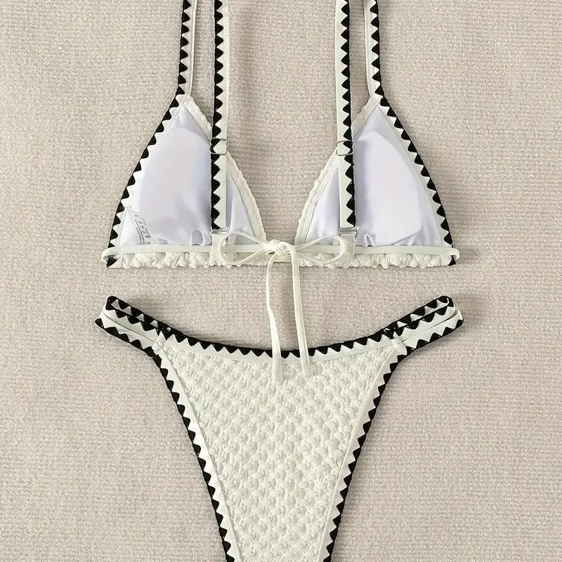 Women's white and blue split bikini swimsuit with briefs for swimming