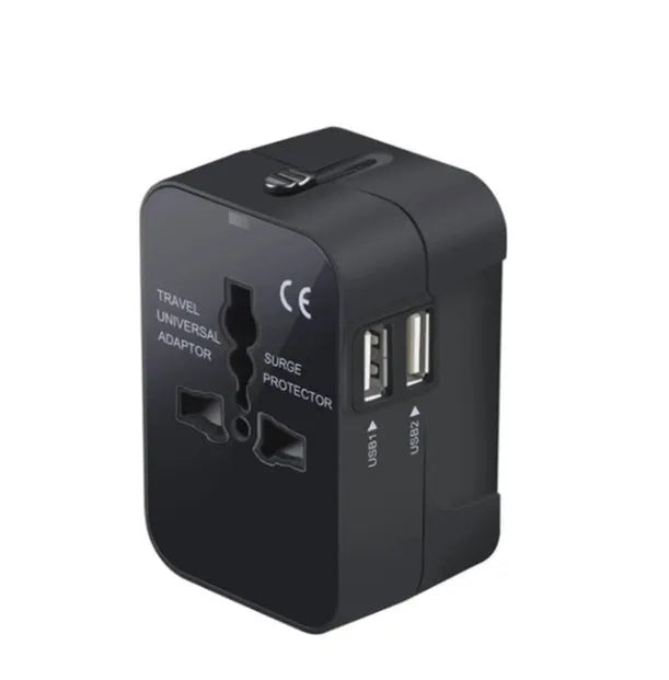 Global Pass Multi-function Travel Adapter in black with dual USB ports and foldable plugs
