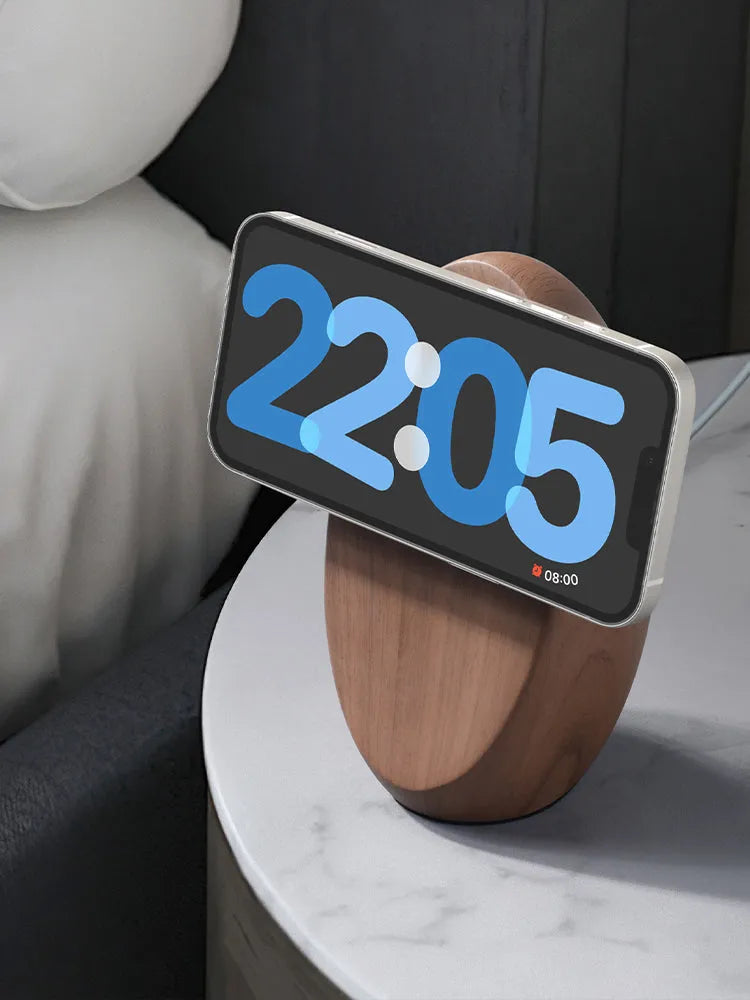 Creative MagSafe magnetic phone holder wireless charger in walnut resin finish on desk