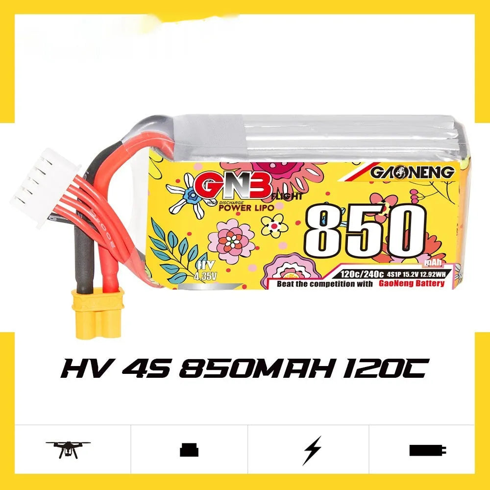 GNB 850mAh 4S 15.2V 120C LiPo battery pack with XT30 connector, 26.5x30x63mm, for RC model airplane
