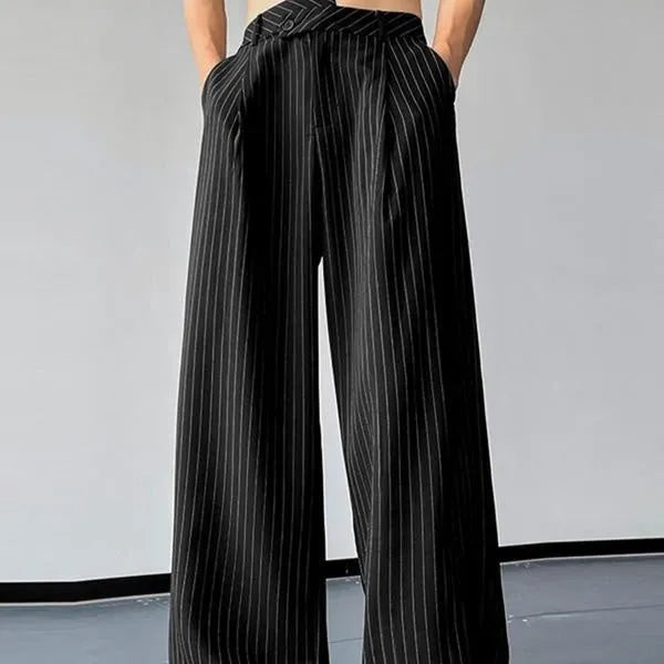 Men's black vertical striped pleated casual trousers with elastic rabbit hair bamboo blend fabric