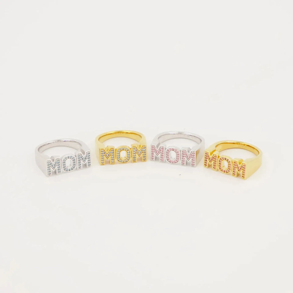 Copper open mouth ring with electroplated finish, six colour options including pink diamond gold and blue diamond silver, letter motif