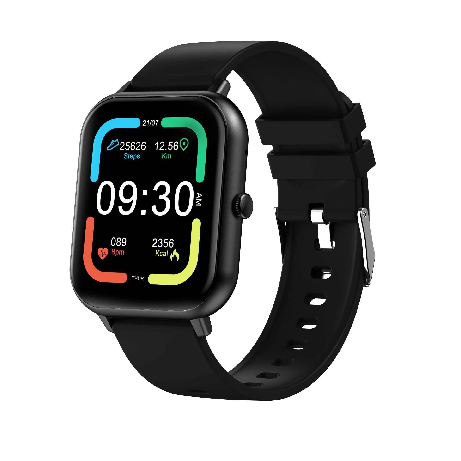 Bluetooth smart watch with colour touchscreen on a wrist, showing heart rate monitoring display.