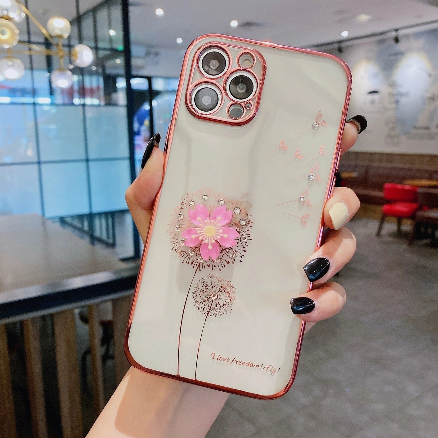 A stylish 3D flower phone case with a spinning stand, offering protection and hands-free functionality for your iPhone.