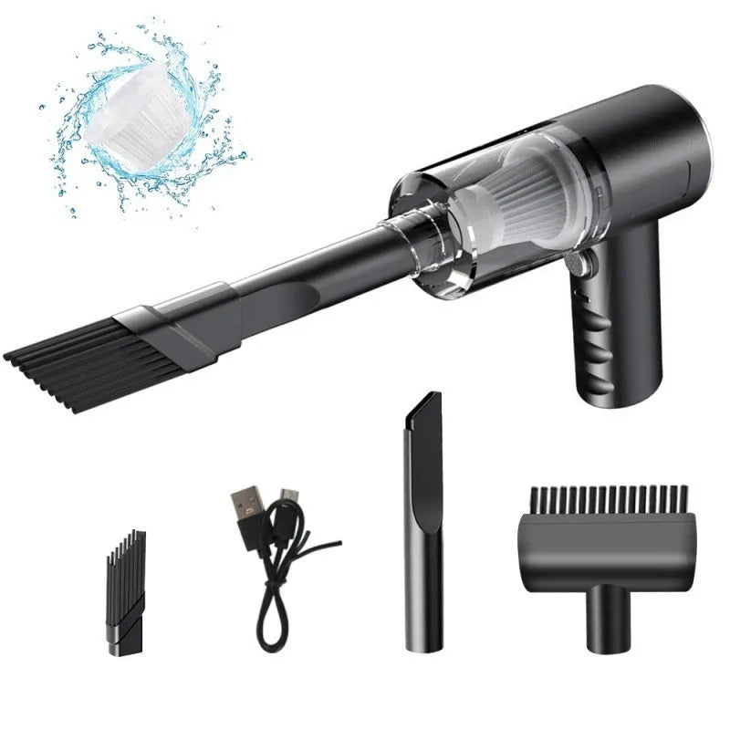 Black handheld wireless car vacuum cleaner with USB charging port