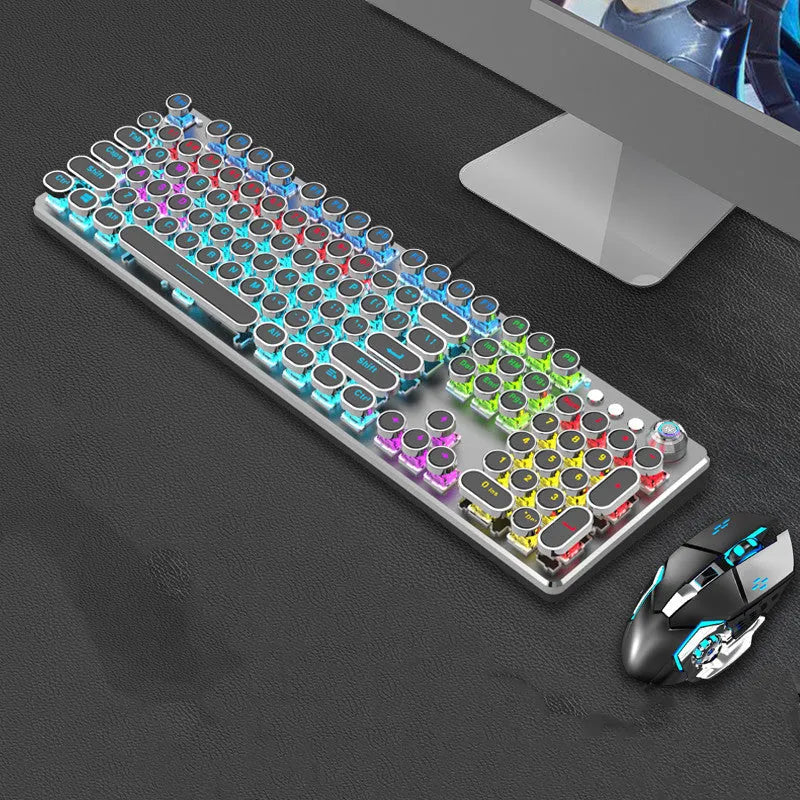 Retro steampunk mechanical keyboard and mouse set with metal plating, 87-key wired USB design for desktop and laptop office use