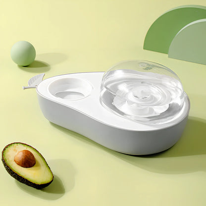 Avocado-shaped pet feeder with automatic water dispenser and separate food bowls in moonlight grey