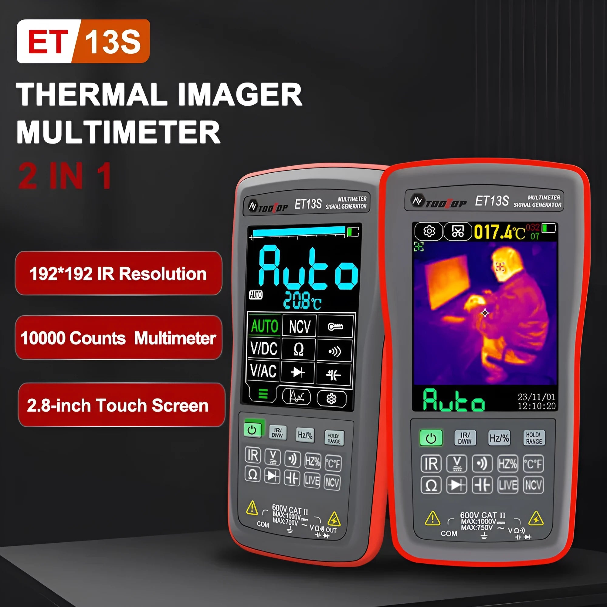 ET13S thermal imaging multimeter with 2.8-inch touchscreen display showing thermal pattern