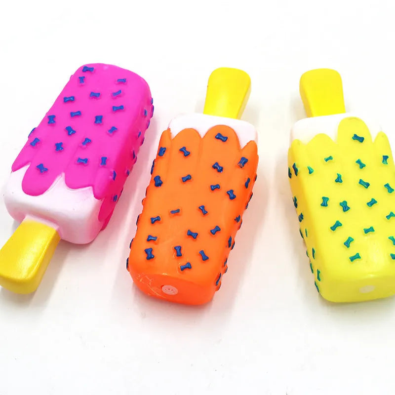 Dog vinyl simulation popsicle ice cream chew toy in random colour, measures 15x6cm.