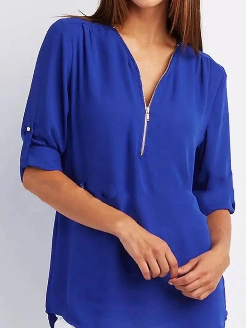 Women's ruched half zip casual blouse with rollable sleeves in various colours