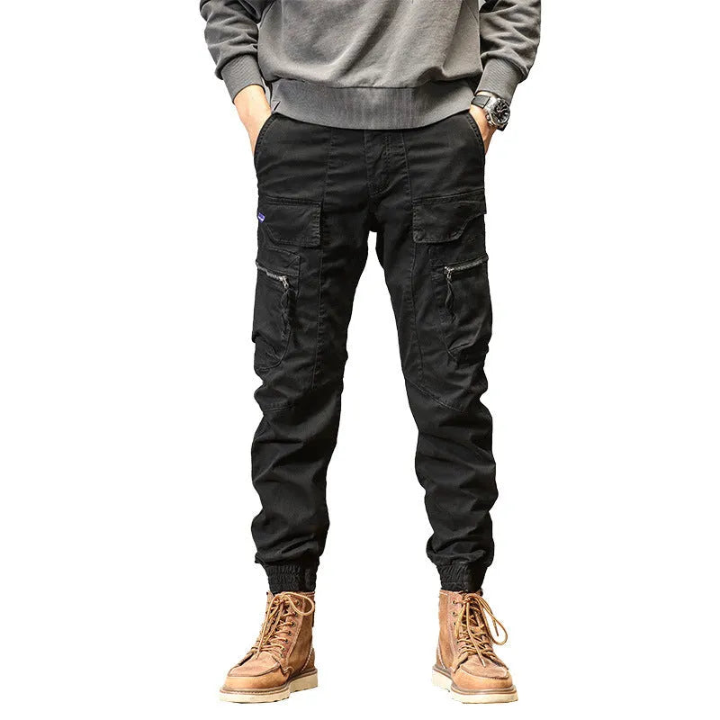 Japanese style cotton overalls for men, mid-waist straight leg, Army Green colour