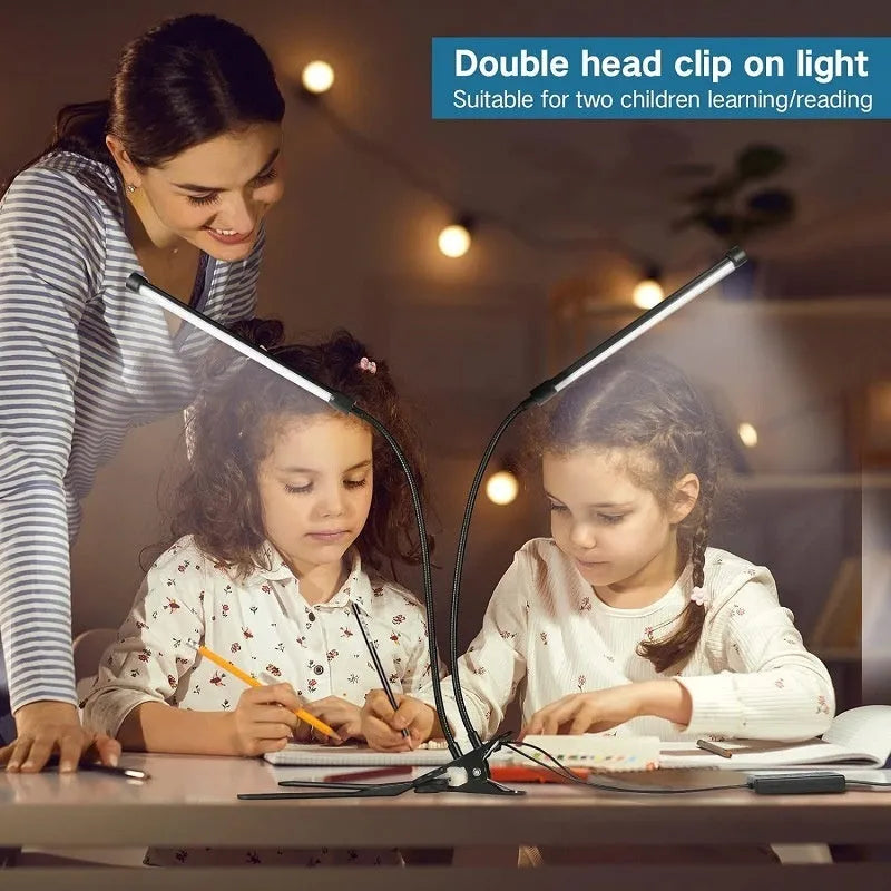 Black or white USB-powered LED desk lamp on a desk, showing its 26 cm compact length.