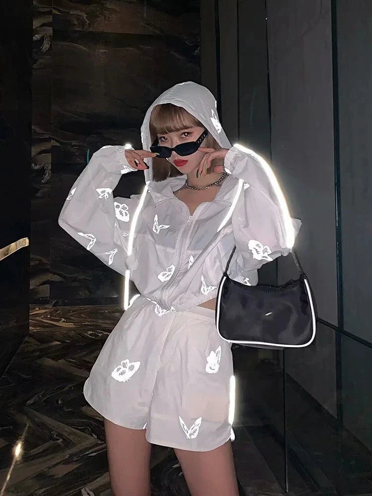 Women's reflective butterfly print two-piece set with hoodie and zip shorts