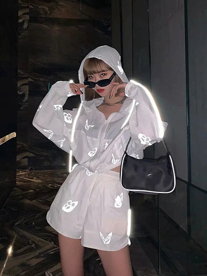 Women's reflective butterfly print two-piece set with hoodie and zip shorts