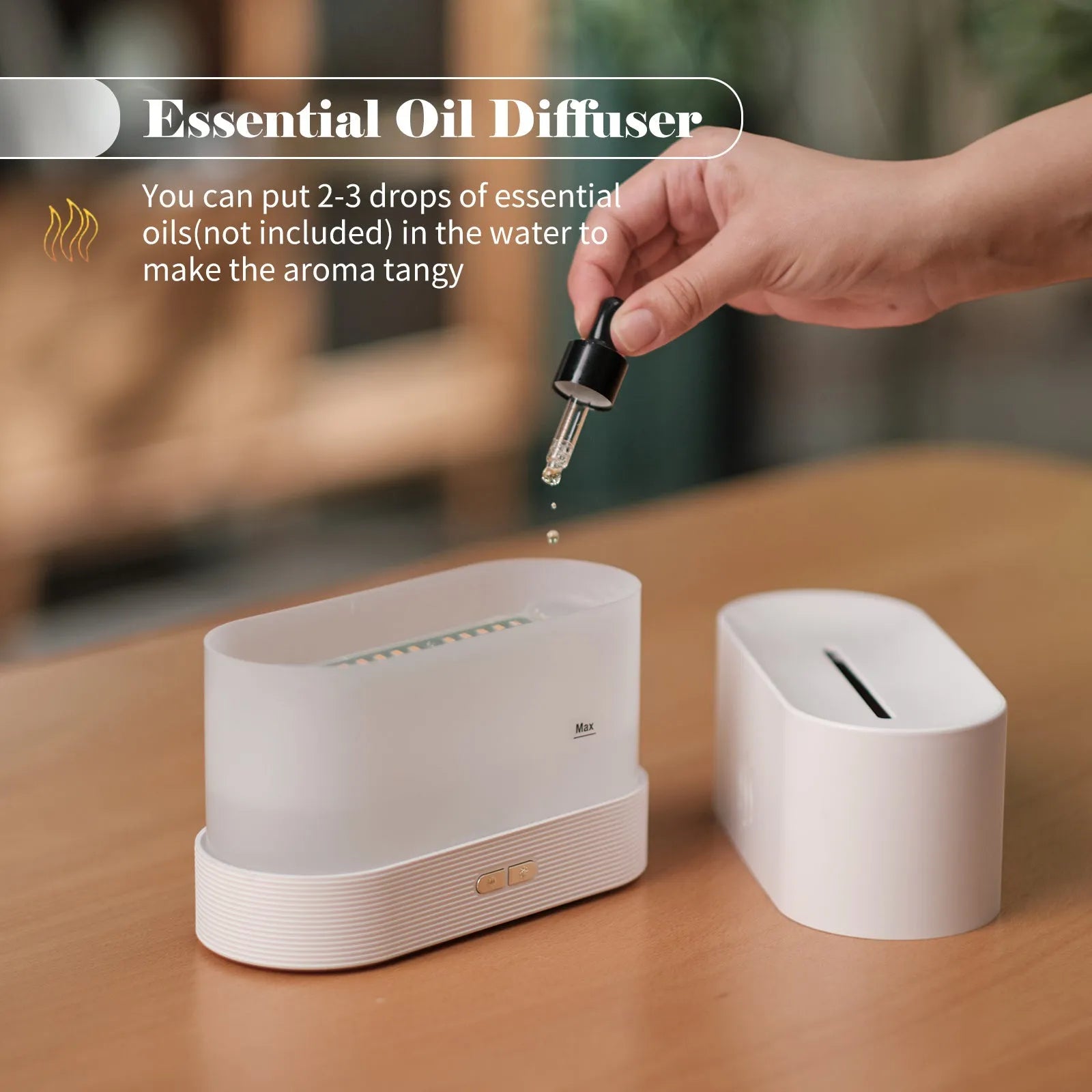 Black or white square ultrasonic aroma diffuser with flame light effect and water tank