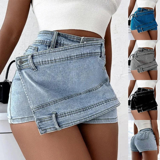 Stylish Y2K-inspired denim shorts with an asymmetrical hem, offering a trendy and comfortable fit.