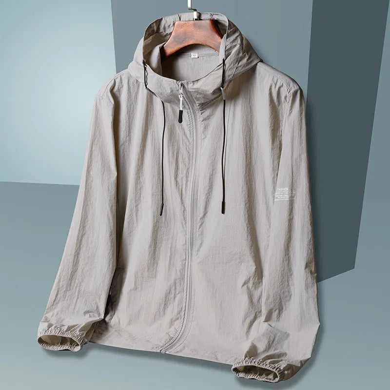 Men's loose fit ice silk sun protection jacket in Bud White with long sleeves and front zip closure