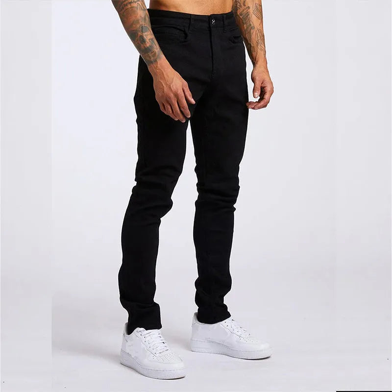 Men's casual slim fit high waist jeans in light blue cotton with five pockets