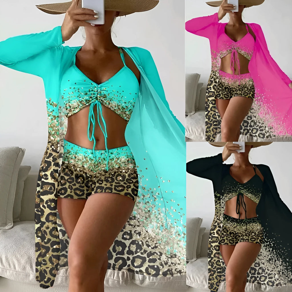 Women's three-piece swimsuit set with high waist shorts and matching coat in polyester fabric
