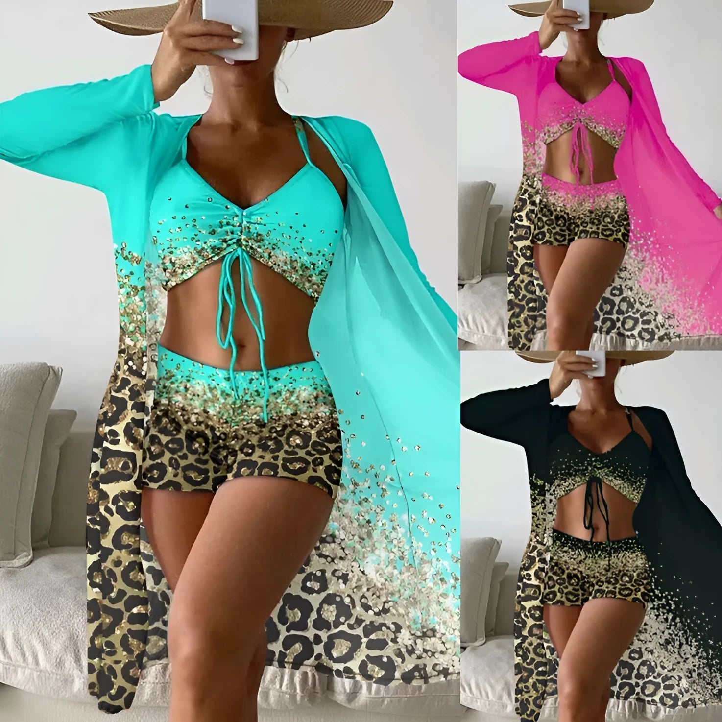 Women's three-piece swimsuit set with high waist shorts and matching coat in polyester fabric