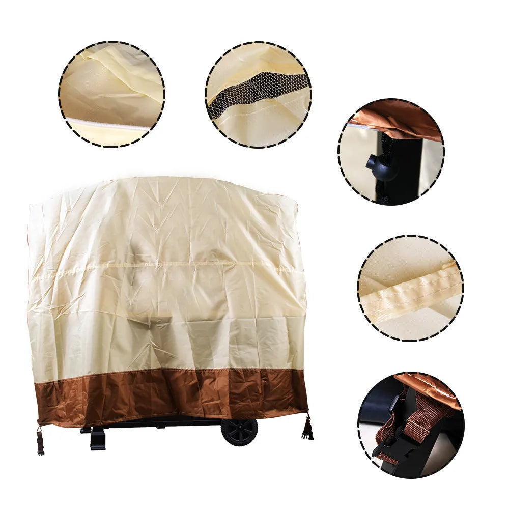 Beige polyester barbecue hood cover shown draped, illustrating its Nordic style and size for outdoor oven protection.