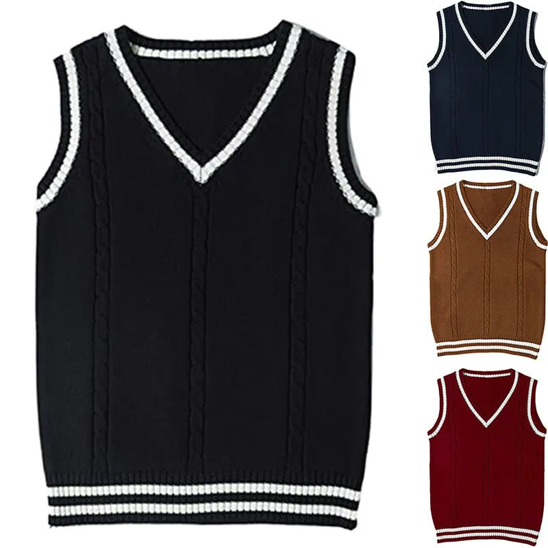 Women's V-neck waistcoat sweater with striped stitching in acrylic knit fabric