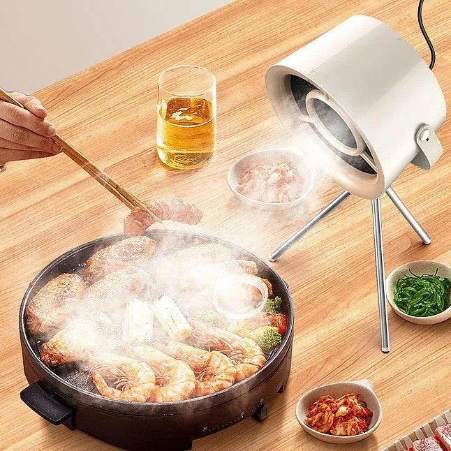 Milky white portable desktop kitchen extractor fan with tripod and USB cable