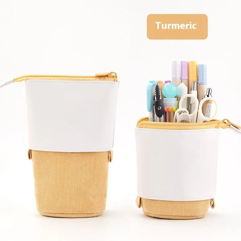 Drop-down telescopic stationery case in Korean style, shown in multiple PU corduroy colours.