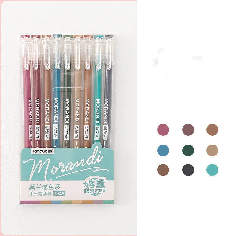 Set of nine 0.5mm needle-tip gel pens in a plastic storage case with Nordic, retro, salt, or sweet style colours.