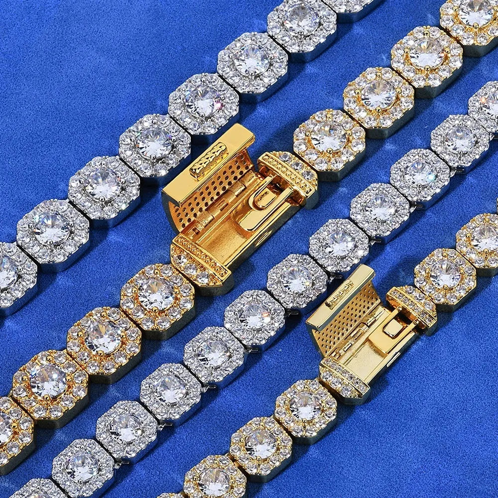 Gold full diamond men's bracelet with rock sugar chain on copper base, 10mm width