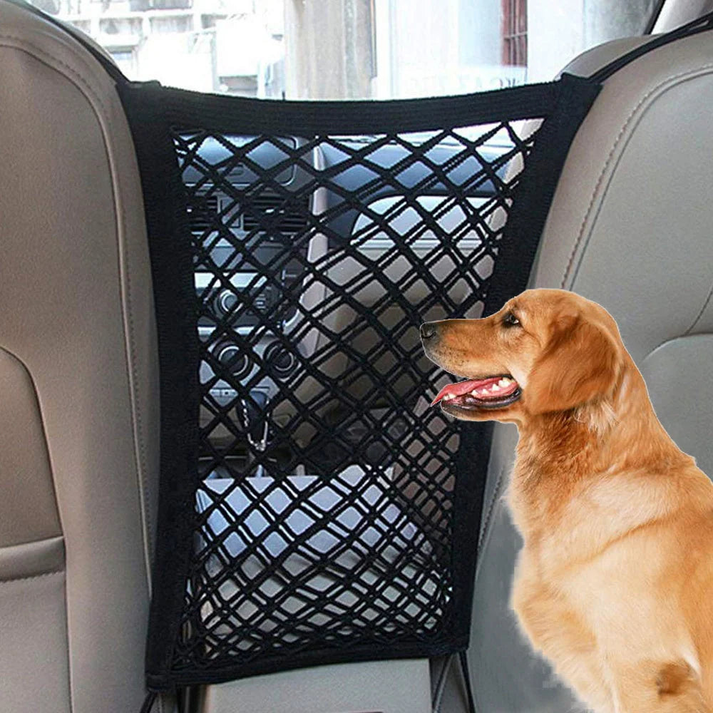 Elastic car pet safety net for dogs, black nylon mesh with strong hooks