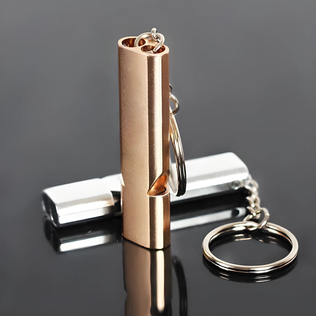 Aluminium alloy outdoor survival whistle with double hole design in silver and gold colour options