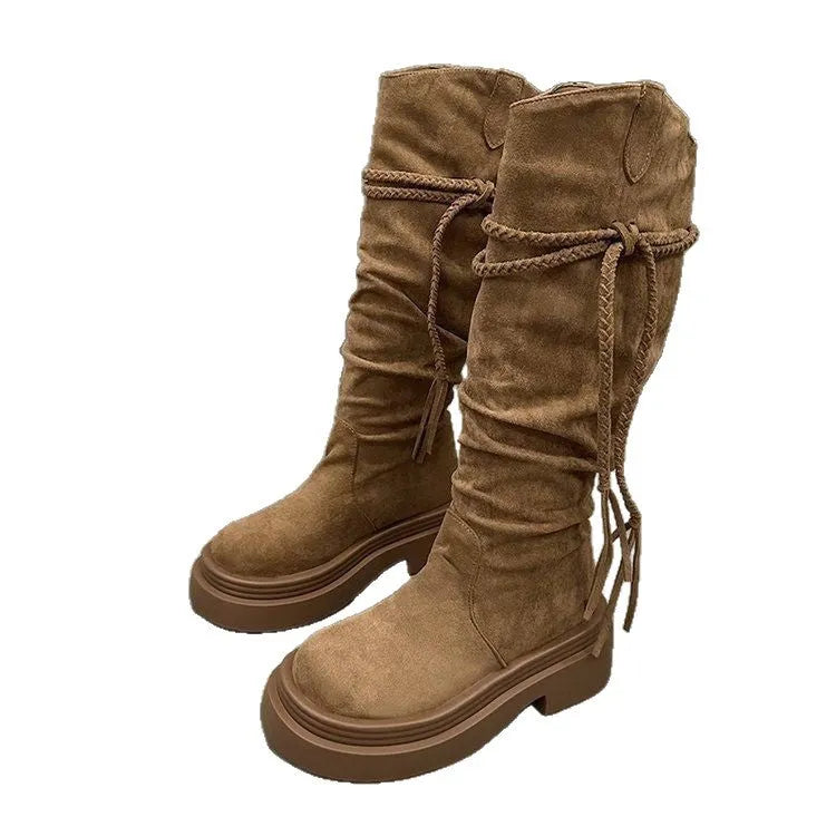 Brown retro fringe stacked boots for women with round toe and stacked heel