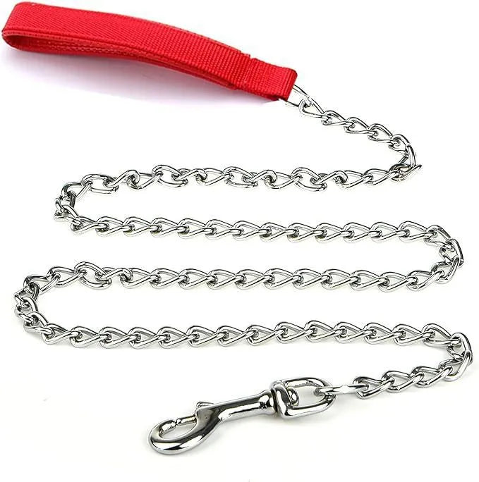 Heavy duty metal dog leash with a soft black padded handle and a silver chain, shown alongside blue and red colour options.