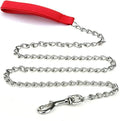Heavy duty metal dog leash with a soft black padded handle and a silver chain, shown alongside blue and red colour options.