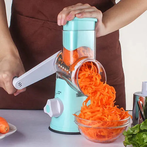 Round manual mandoline slicer with stainless steel blades for cutting potatoes, vegetables, and cheese