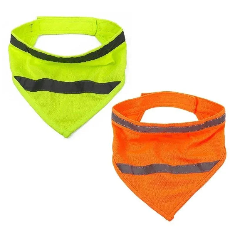 Yellow and orange reflective striped dog bandana with adhesive strap, shown on a dog's neck.