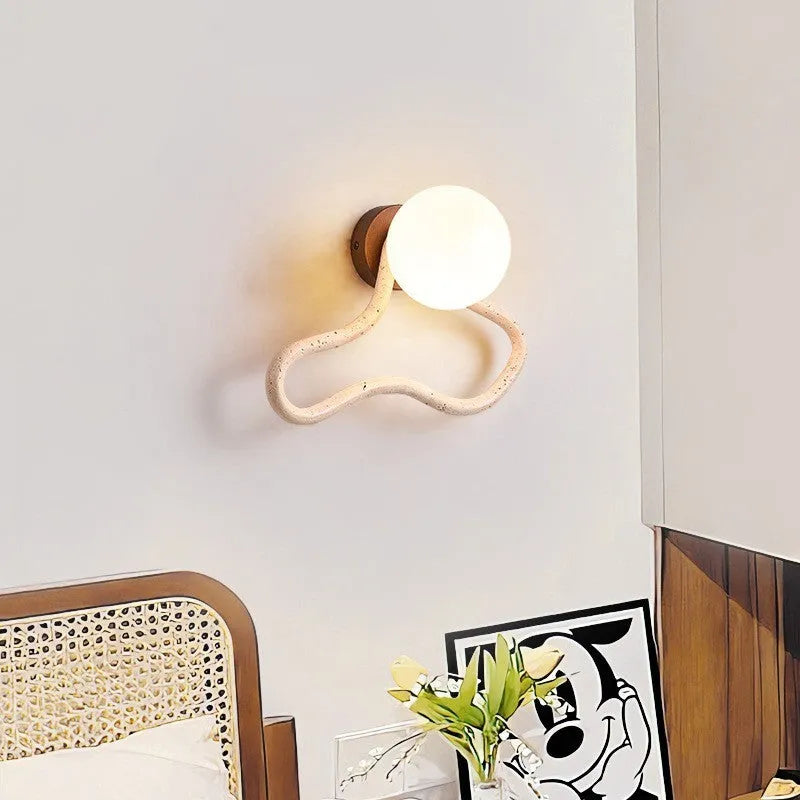 Middle Ancient cream style wall lamp with white travertine glass shade and solid wood base