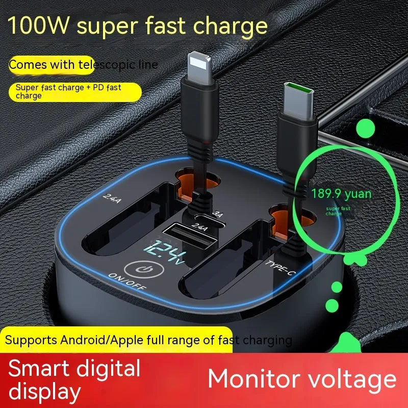 Car cup charger with retractable cable in original car gun grey matte black showing multiple charging ports
