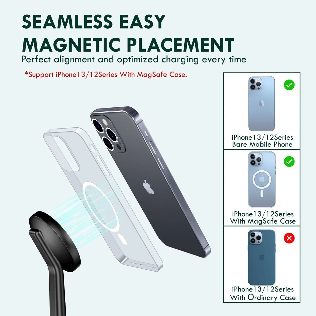 Multifunctional three-in-one magnetic wireless charger with phone holder in black, showing a smartphone upright on the stand